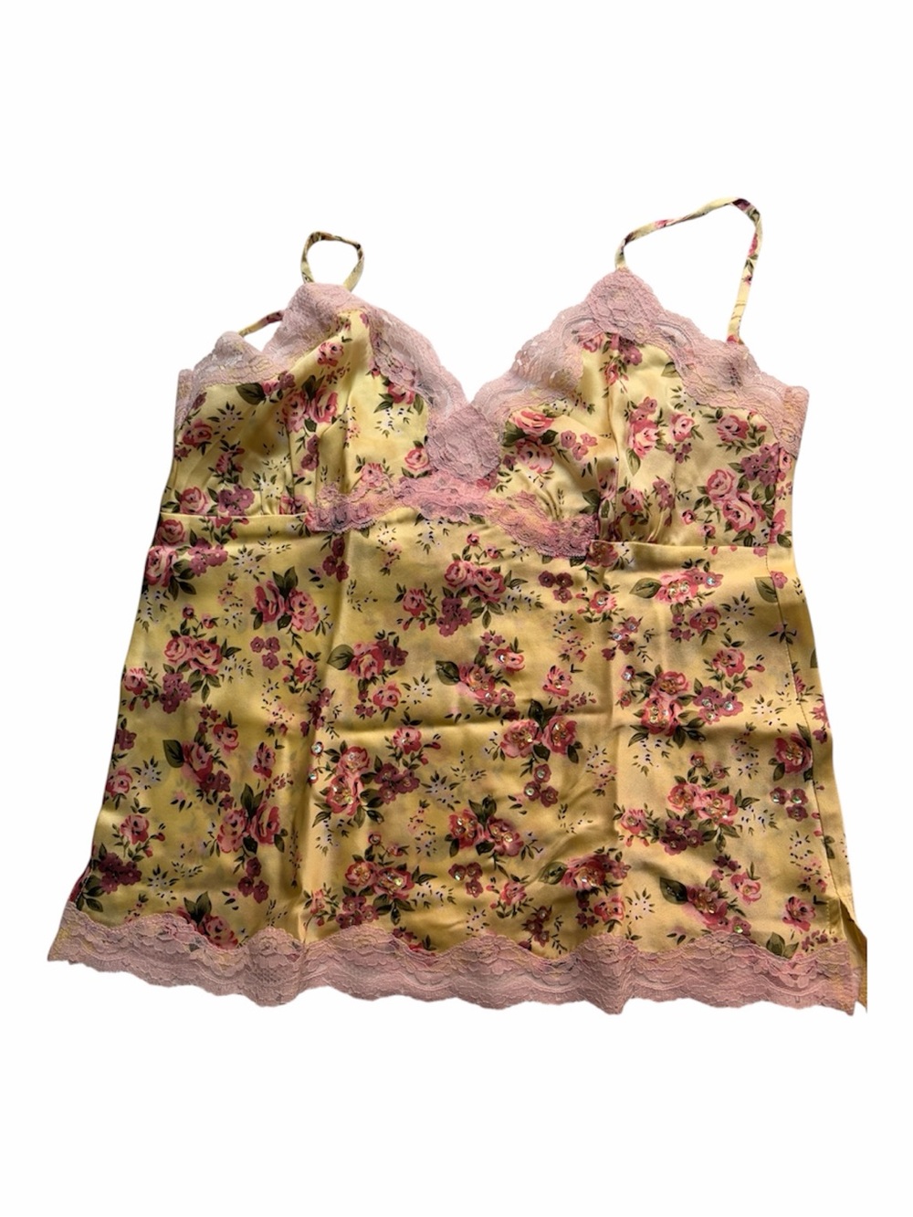Floral Satin Lace Cami - Pink Lace on Yellow Floral